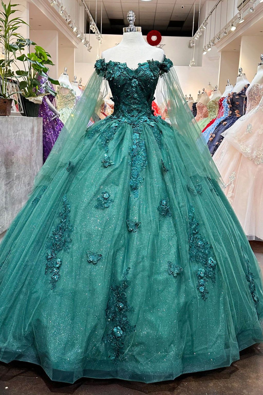 Jewel Glitter Mesh w/ Detachable Side Mesh Drapes Long Quincenera Dress GLGL3181