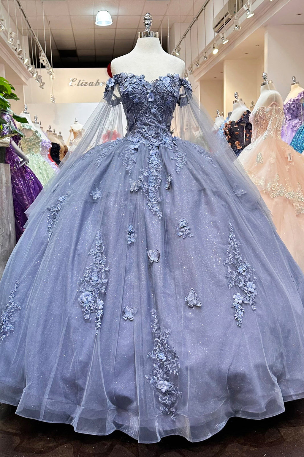 Jewel Glitter Mesh w/ Detachable Side Mesh Drapes Long Quincenera Dress GLGL3181