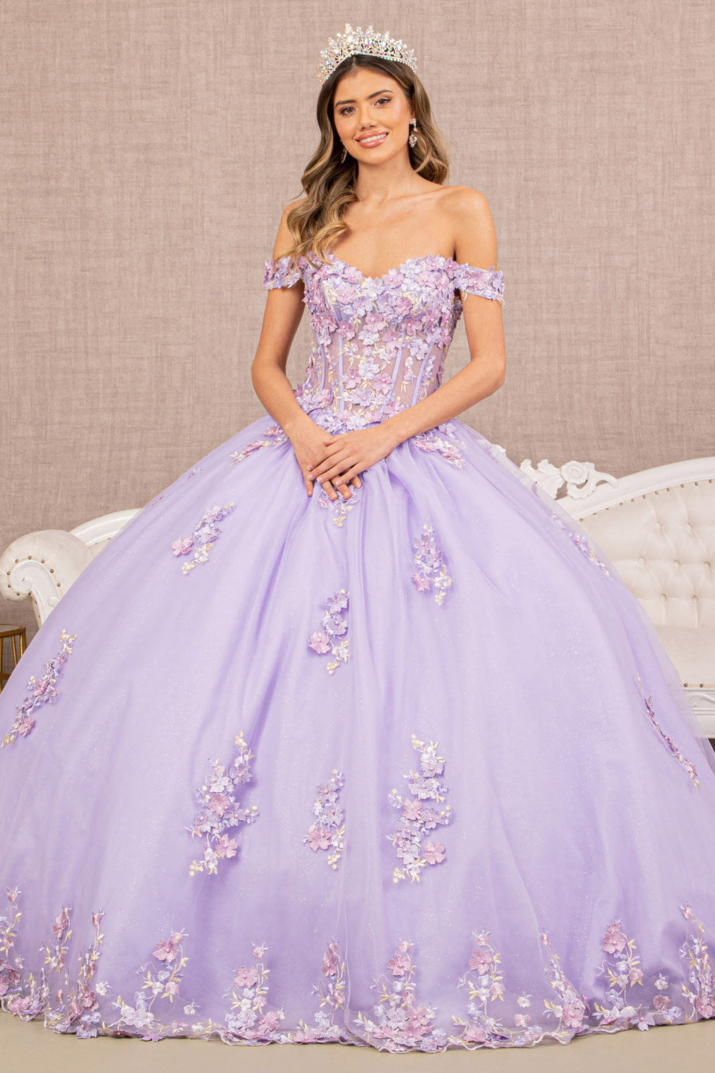 3D Flower Applique Jewel Mesh w/ Long Tail Long Quinceanera Dress GLGL3182