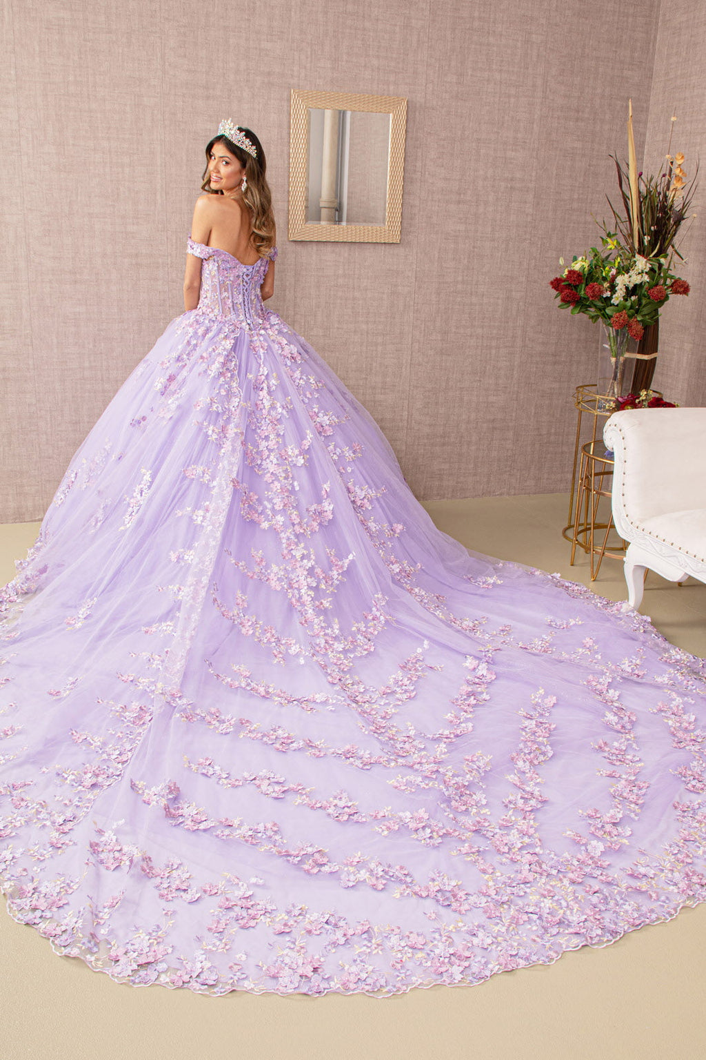 3D Flower Applique Jewel Mesh w/ Long Tail Long Quinceanera Dress GLGL3182