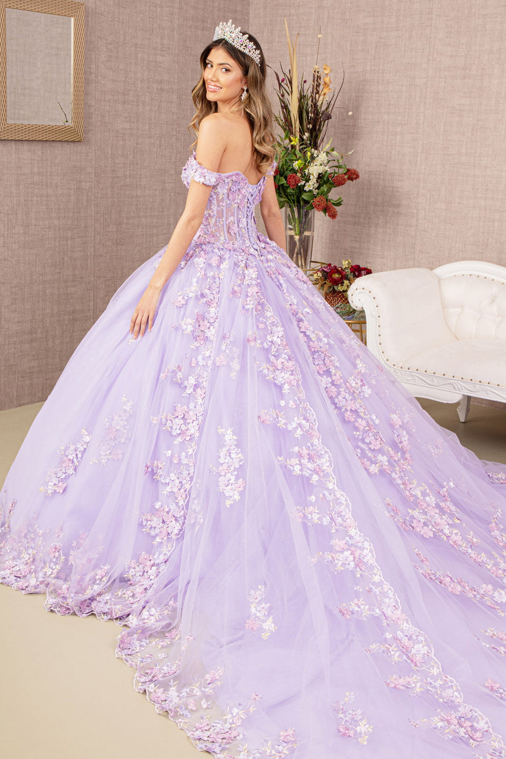 3D Flower Applique Jewel Mesh w/ Long Tail Long Quinceanera Dress GLGL3182