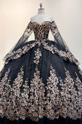 Gold Sequin Off Shoulder Mesh w/ Detachable Long Sleeves Long Quinceanera Dress GLGL3184