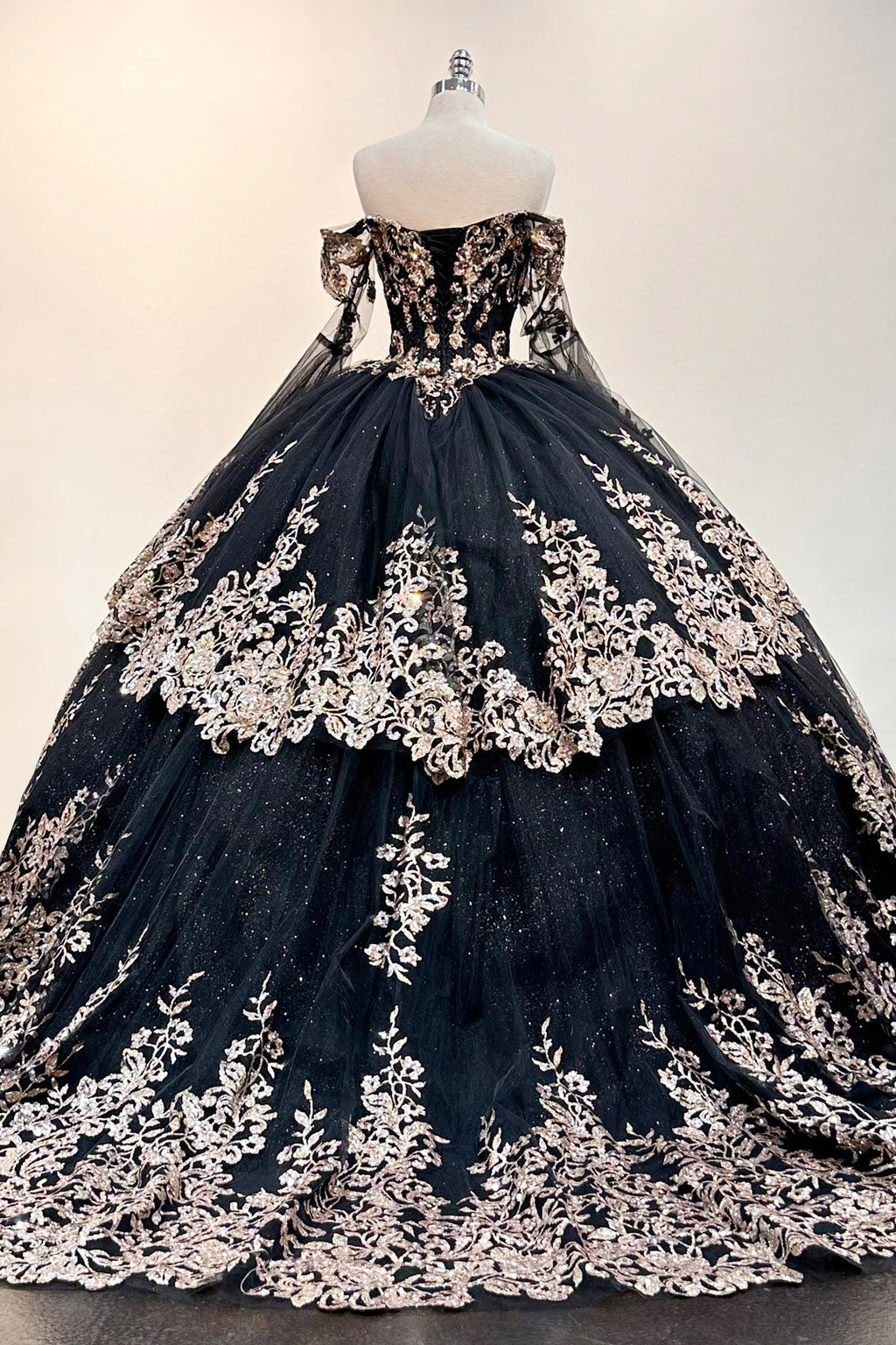 Gold Sequin Off Shoulder Mesh w/ Detachable Long Sleeves Long Quinceanera Dress GLGL3184