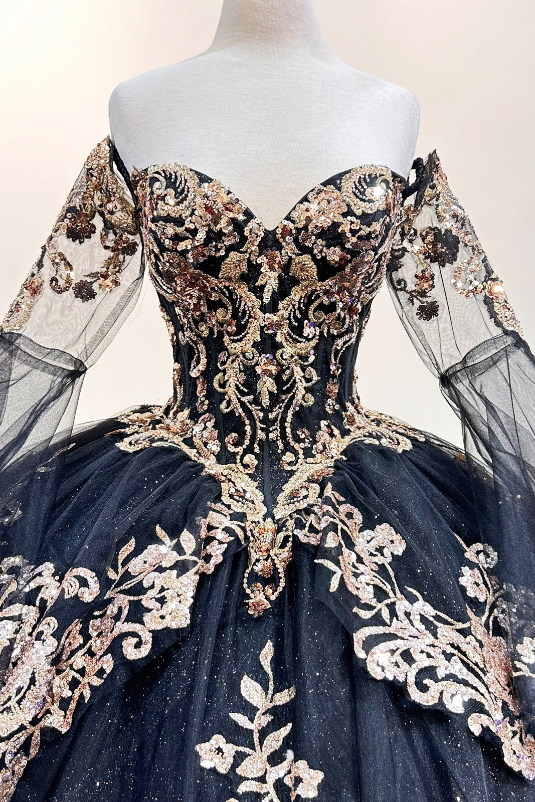 Gold Sequin Off Shoulder Mesh w/ Detachable Long Sleeves Long Quinceanera Dress GLGL3184