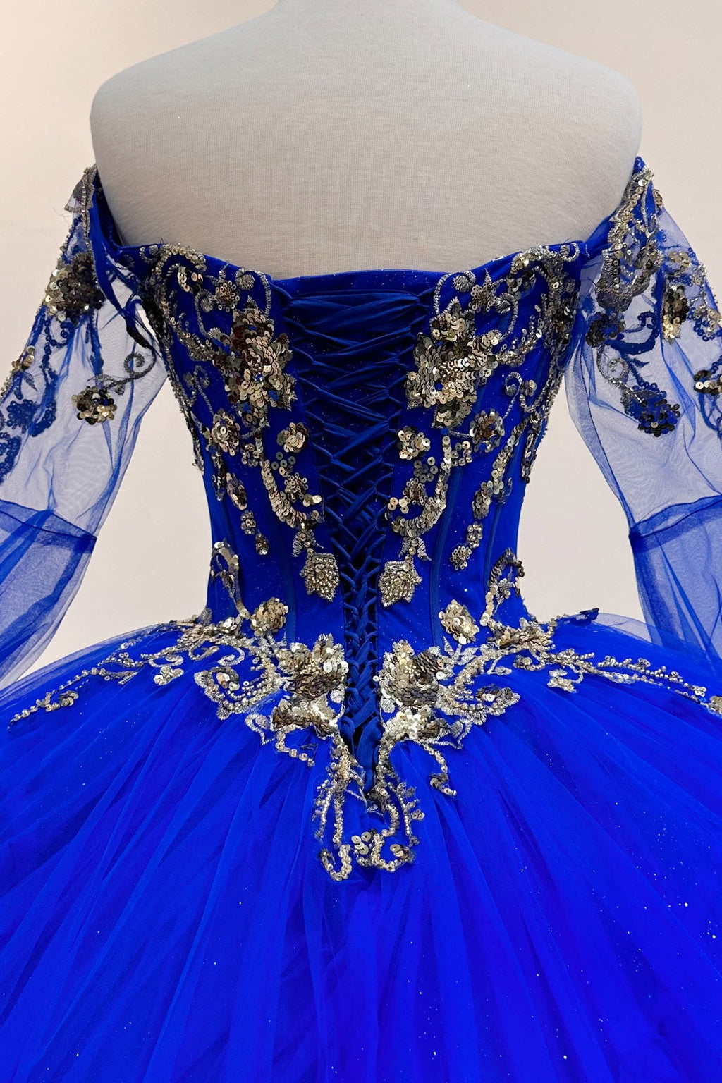 Gold Sequin Off Shoulder Mesh w/ Detachable Long Sleeves Long Quinceanera Dress GLGL3184