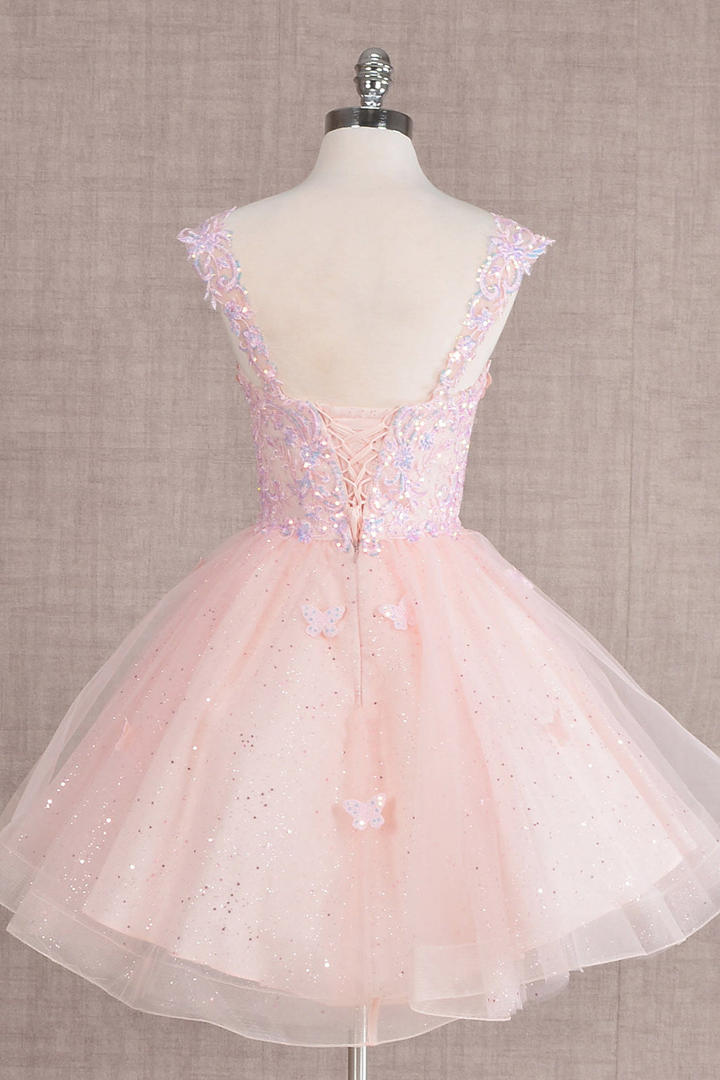 Butterfly Applique Sequin Mesh Babydoll w/ Sheer Straps Short Homecoming Dress GLGS3186