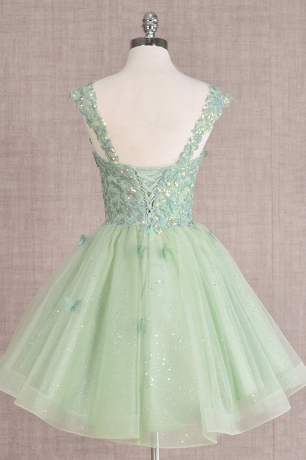 Butterfly Applique Sequin Mesh Babydoll w/ Sheer Straps Short Homecoming Dress GLGS3186