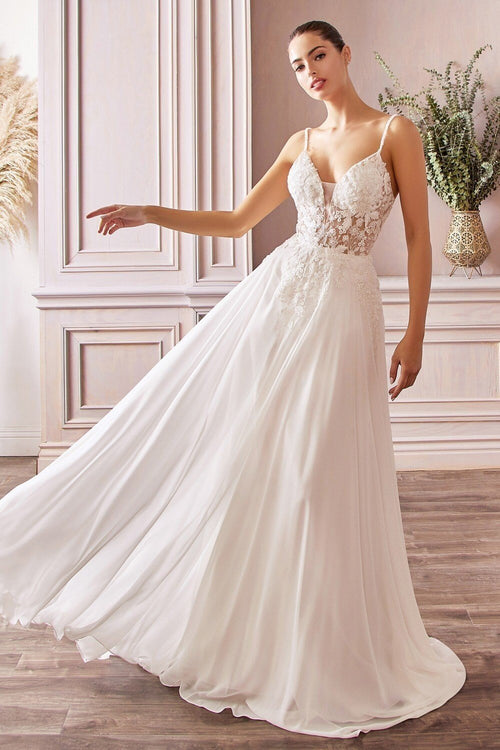 A - line Chiffon Vintage Bridal Gown | Beaded Embellished Floral Bodice | Appliqué Wedding Gown | Sensual V - neck Open Back | CDTY11 - PrimePick