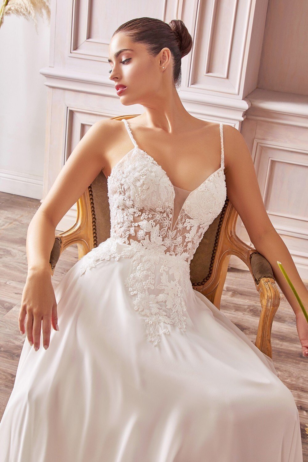 A - line Chiffon Vintage Bridal Gown | Beaded Embellished Floral Bodice | Appliqué Wedding Gown | Sensual V - neck Open Back | CDTY11 - PrimePick