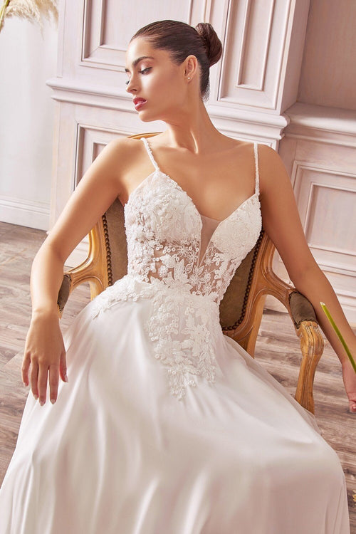 A - line Chiffon Vintage Bridal Gown | Beaded Embellished Floral Bodice | Appliqué Wedding Gown | Sensual V - neck Open Back | CDTY11 - PrimePick