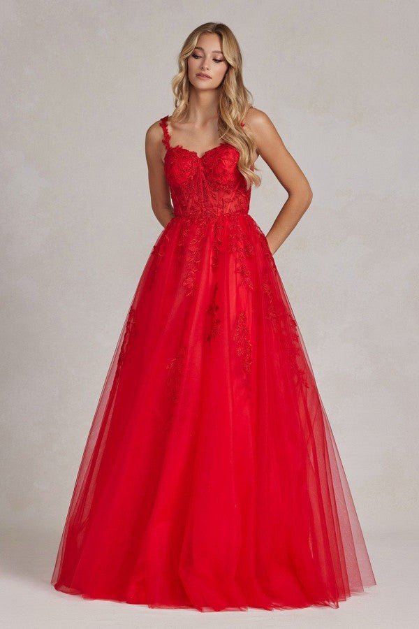 A-Line Embroidered Bodice Sweetheart Open Back Long Prom Dress NXT1082 - PrimePick