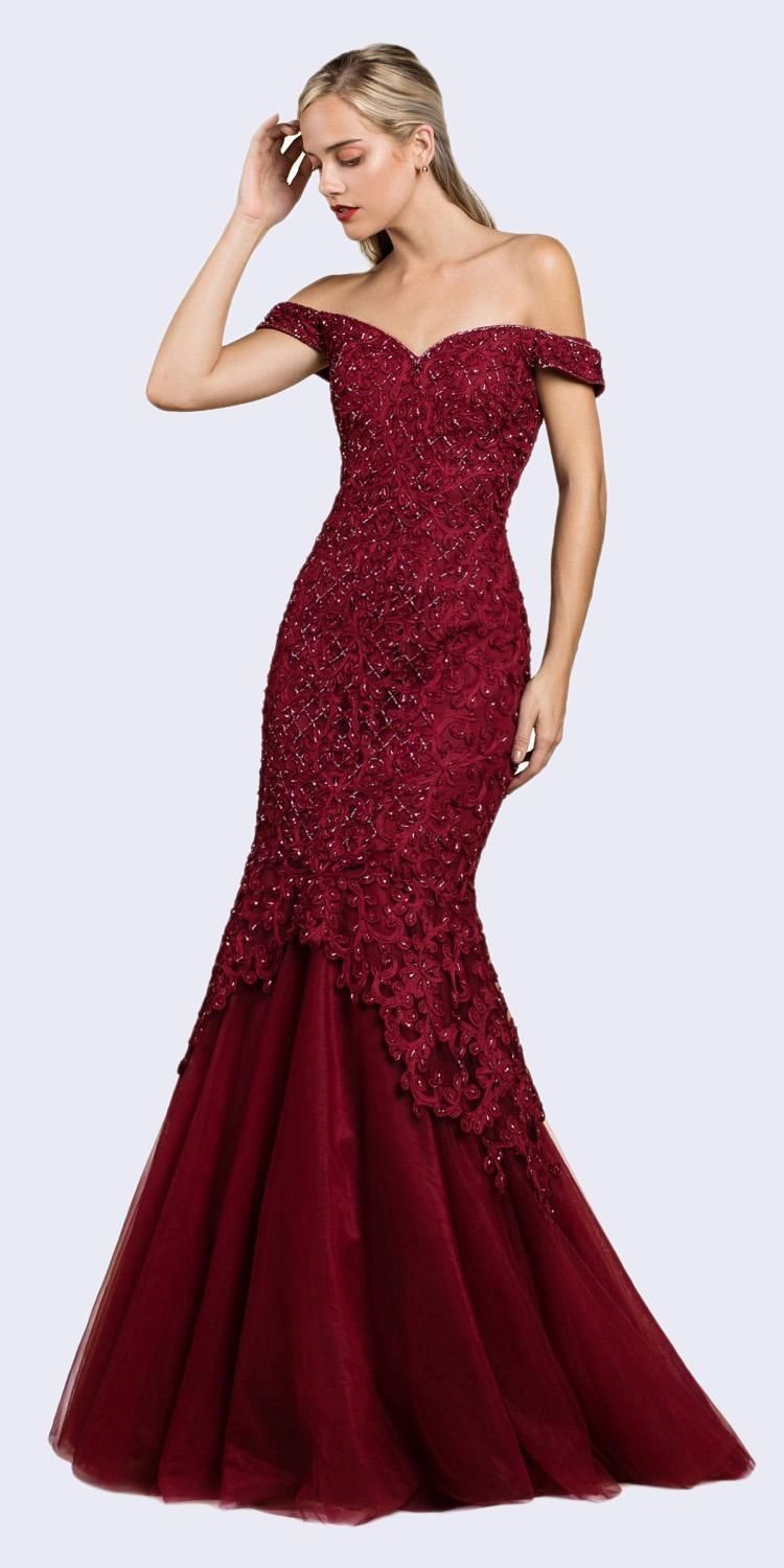 Luxury Mermaid Embroidered Sweetheart Bodice Off Shoulder Long Evening & Ball Dress CDA0401