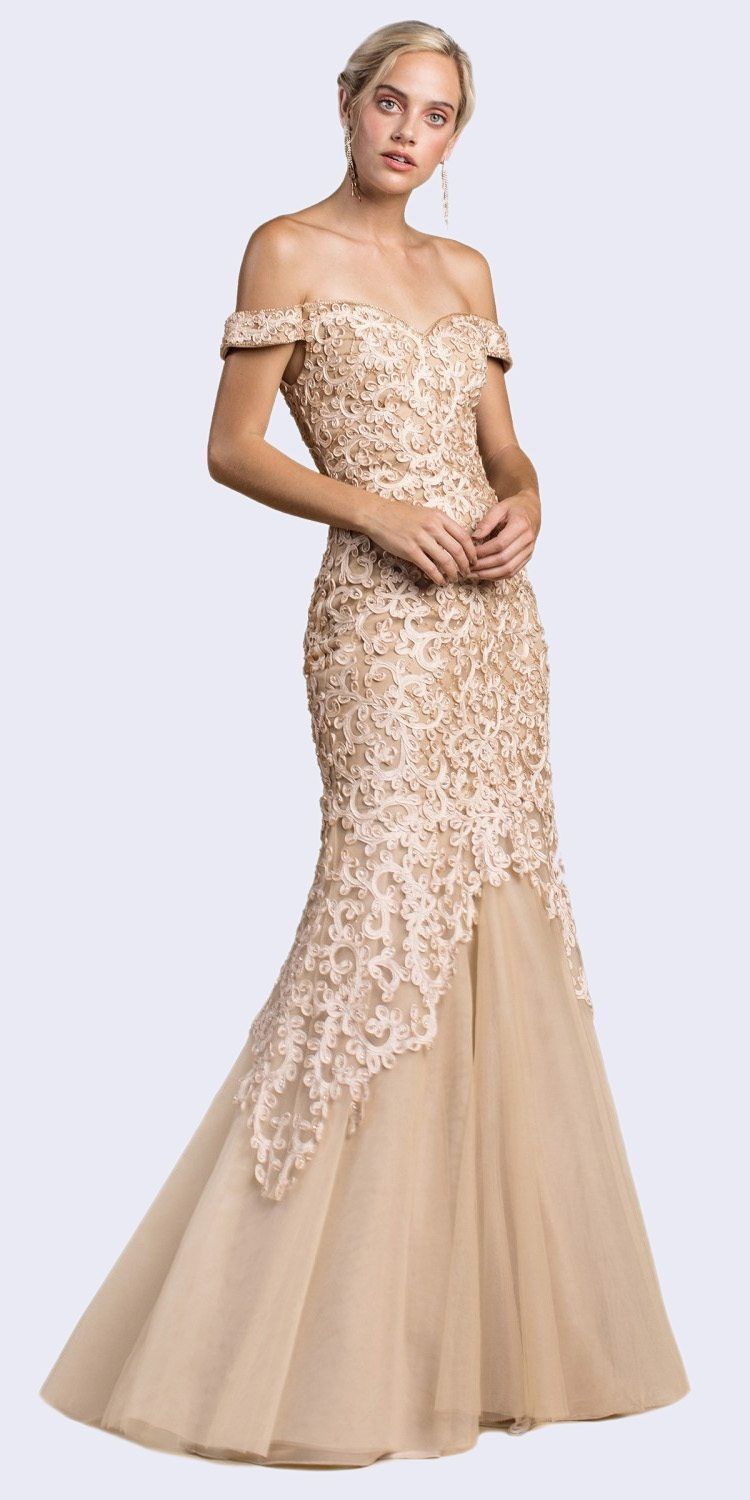 Luxury Mermaid Embroidered Sweetheart Bodice Off Shoulder Long Evening & Ball Dress CDA0401