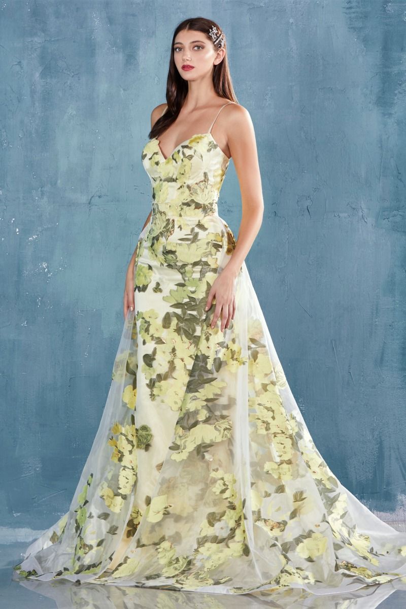 Floral Pattern Spaghetti Straps Sweetheart A-Line Tulle Overskirt Long Prom & Bridesmaid Dress CDA0770