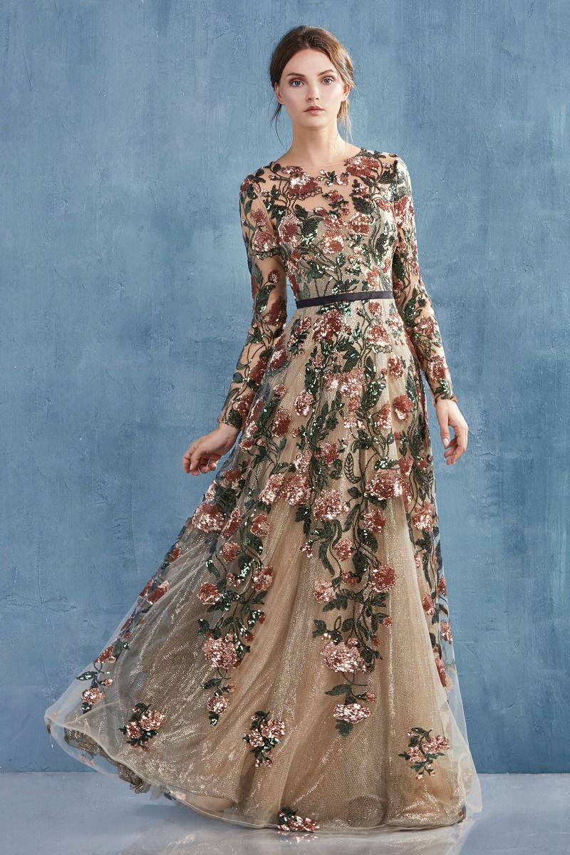 Savannah Sequin Floral Petal Long Sleeves Long Bridesmaid & Mother of Bride Dress CDA0926