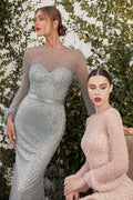 Fully Pearled Gathered Long Sleeves Mermaid Style Fitted On Waist Long Ball & Prom Dress CDA0997