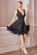 Wren Embroidered Bodice Feather Detailed Hem Short Cocktail & Homecoming Dress CDA1012