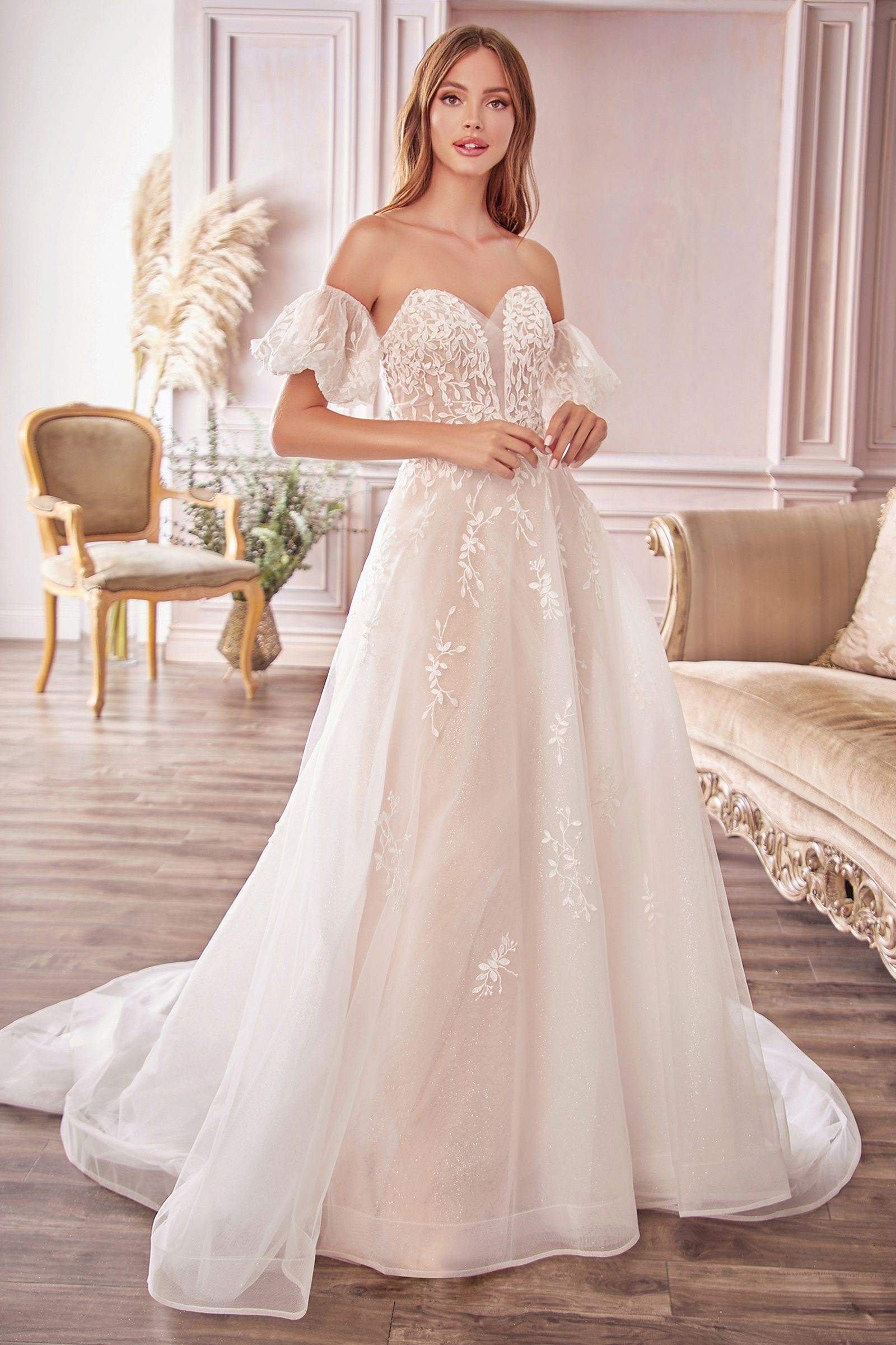 Off-Shoulder Floral Lace Wedding Gown with Puff Sleeves & Tulle Train  CDA1014