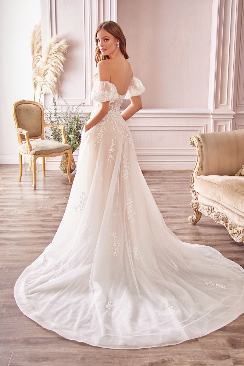 Plus Size Willow Embroidered Lace Elongated Hem Tail Puff Detached Sleeves Long Wedding Dress CDA1014C