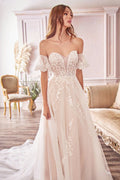 Plus Size Willow Embroidered Lace Elongated Hem Tail Puff Detached Sleeves Long Wedding Dress CDA1014C