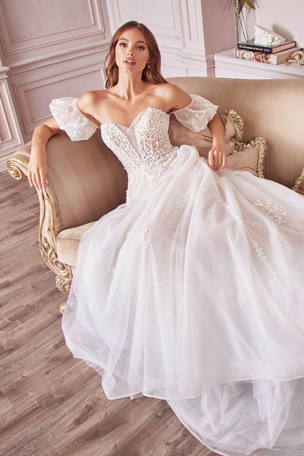 Off-Shoulder Floral Lace Wedding Gown with Puff Sleeves & Tulle Train  CDA1014