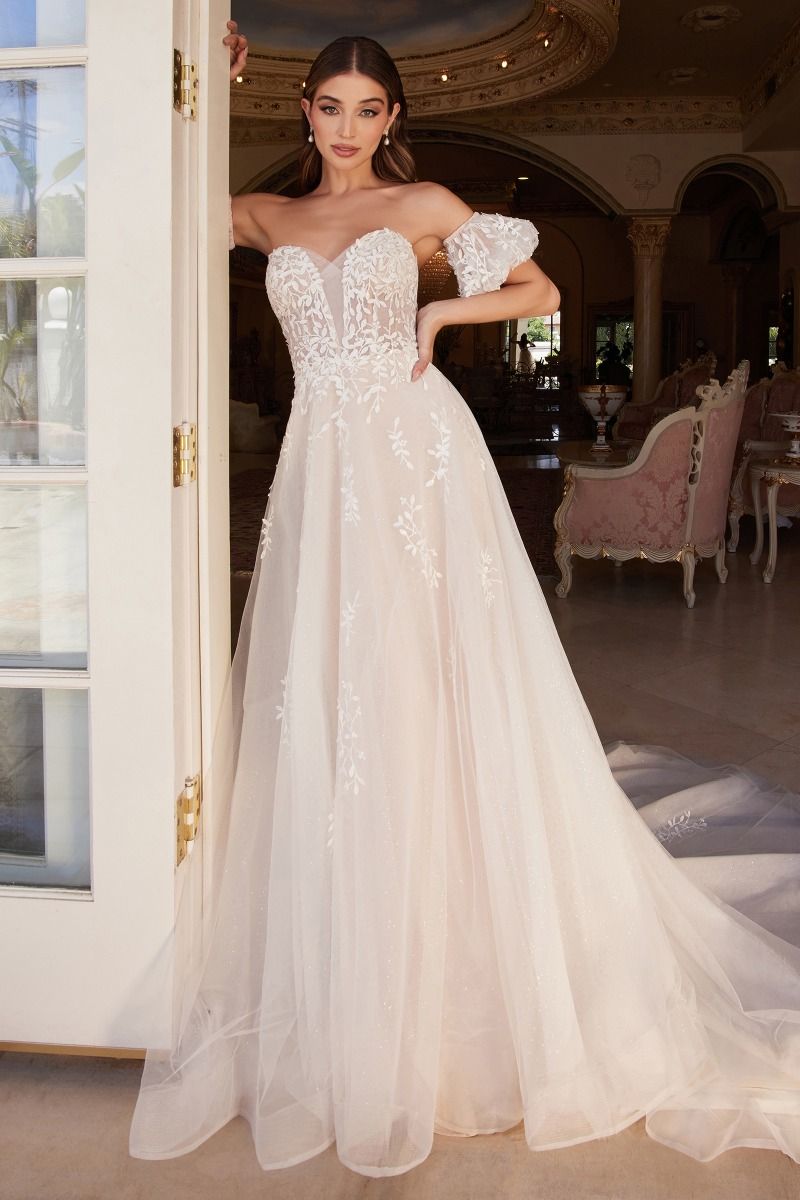 Off-Shoulder Floral Lace Wedding Gown with Puff Sleeves & Tulle Train  CDA1014