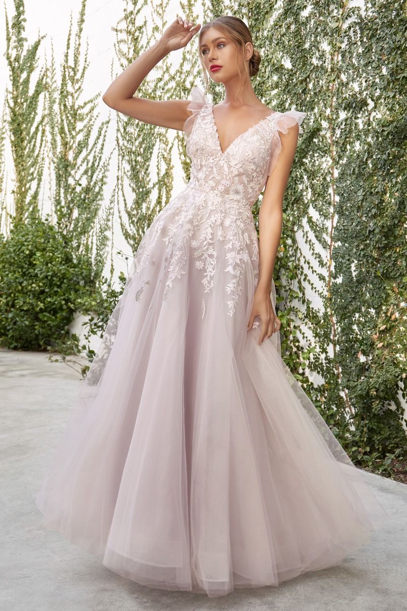 Lennox Floral Illusion V-Neck Open V-Back A-Line Long Prom Dress CDA1018