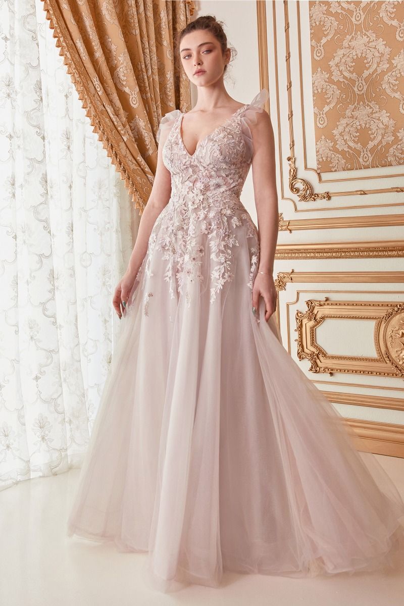 Lennox Floral Illusion V-Neck Open V-Back A-Line Long Prom Dress CDA1018