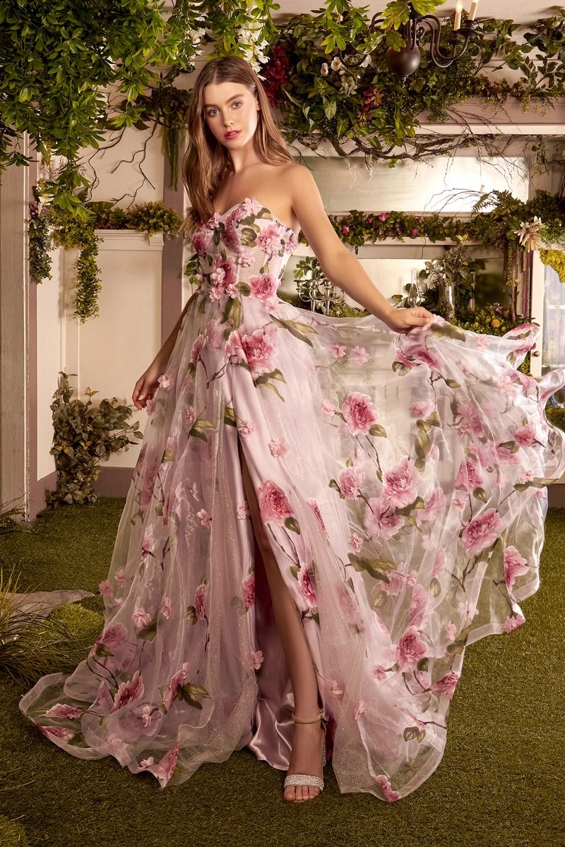 Portrait Of A Rose Printed Organza Side Slit Open Back Long Prom Dress CDA1035