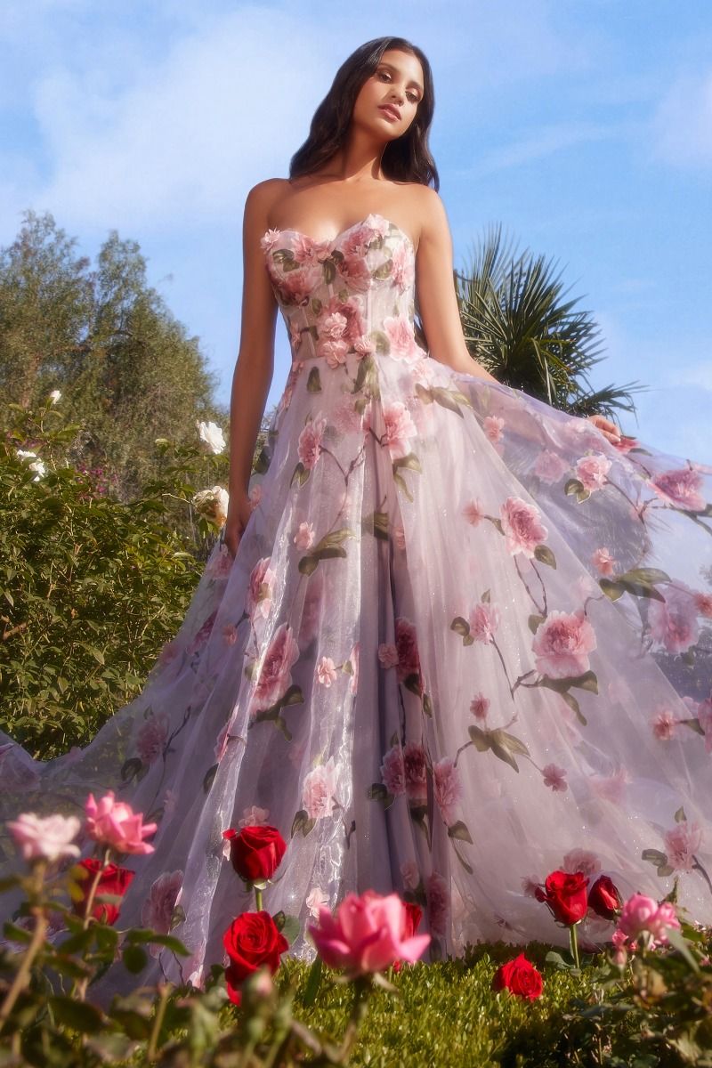 Portrait Of A Rose Printed Organza Side Slit Open Back Long Prom Dress CDA1035