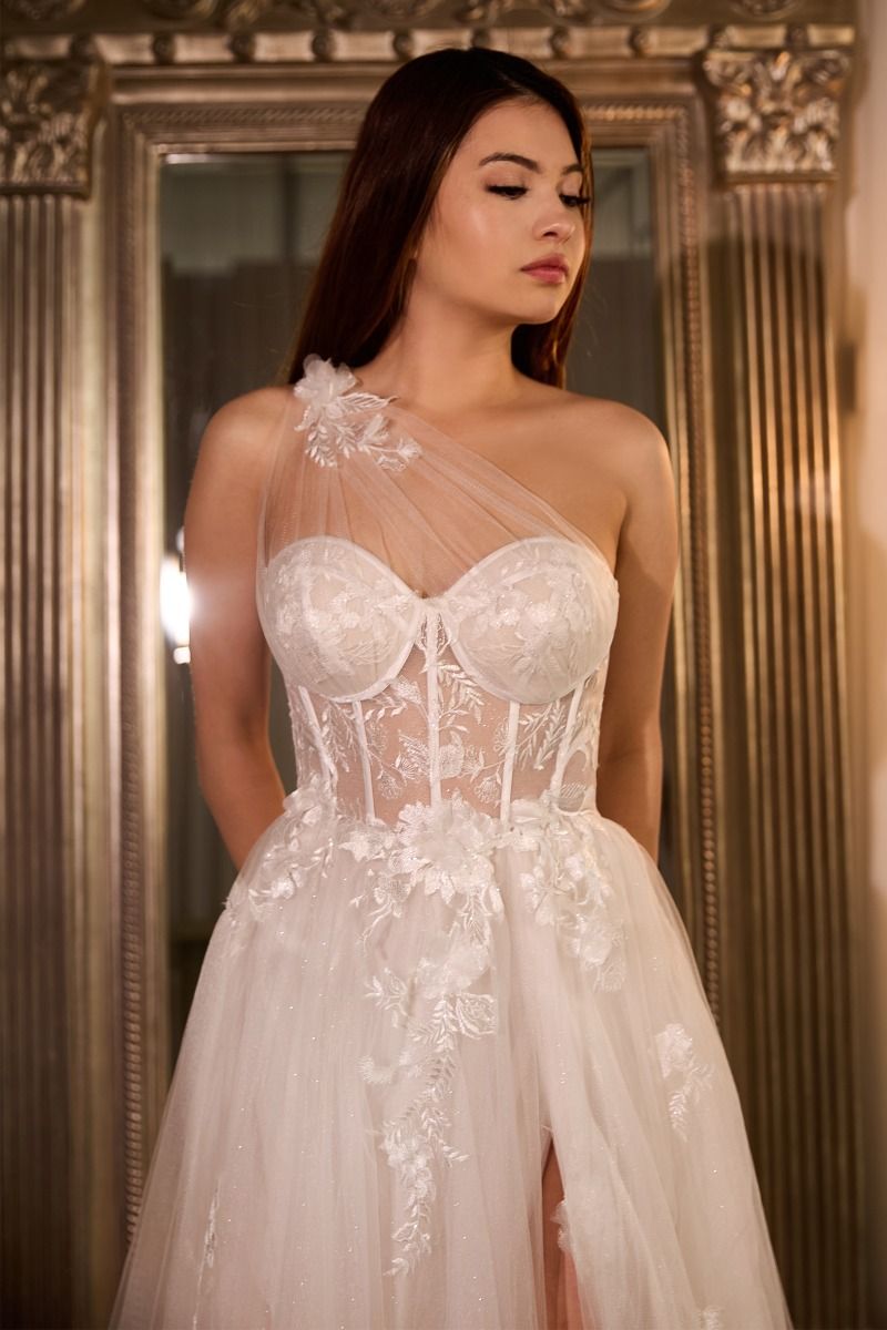 Leila One Shoulder Bustier Corset Sheer Bodice A-line Long Bridal & Wedding Dress CDA1053W