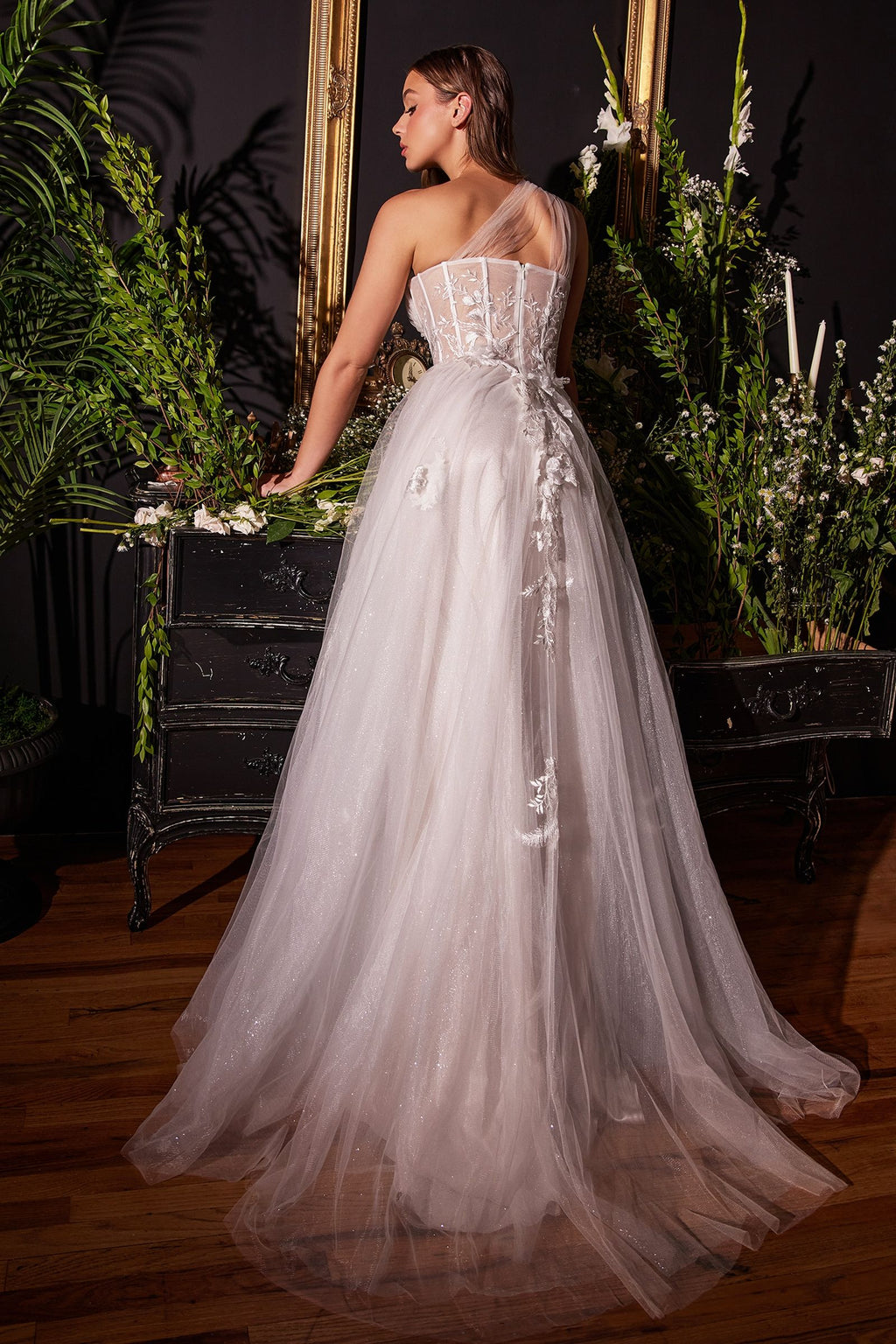 Leila One Shoulder Bustier Corset Sheer Bodice A-line Long Bridal & Wedding Dress CDA1053W