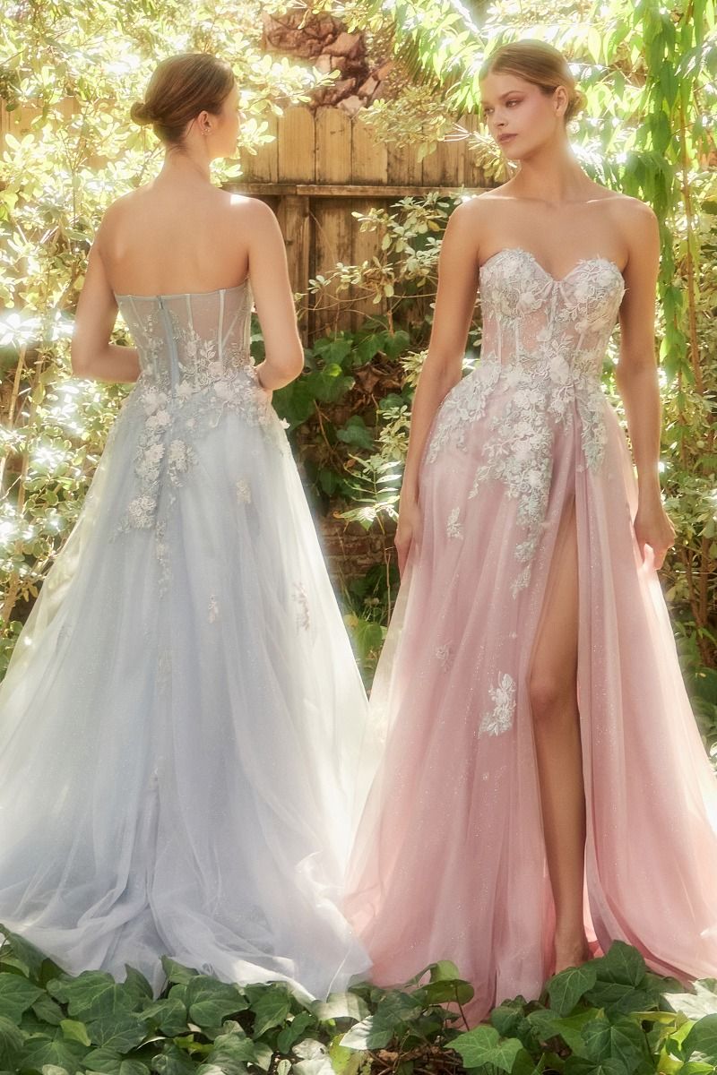 Penelope Blossom Floral Strapless Sheer Corset Bodice A-line Long Prom & Bridesmaid Dress CDA1089