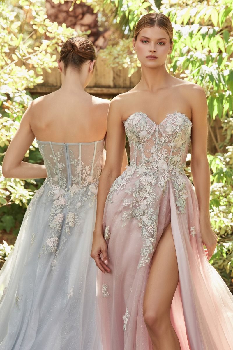 Penelope Blossom Floral Strapless Sheer Corset Bodice A-line Long Prom & Bridesmaid Dress CDA1089