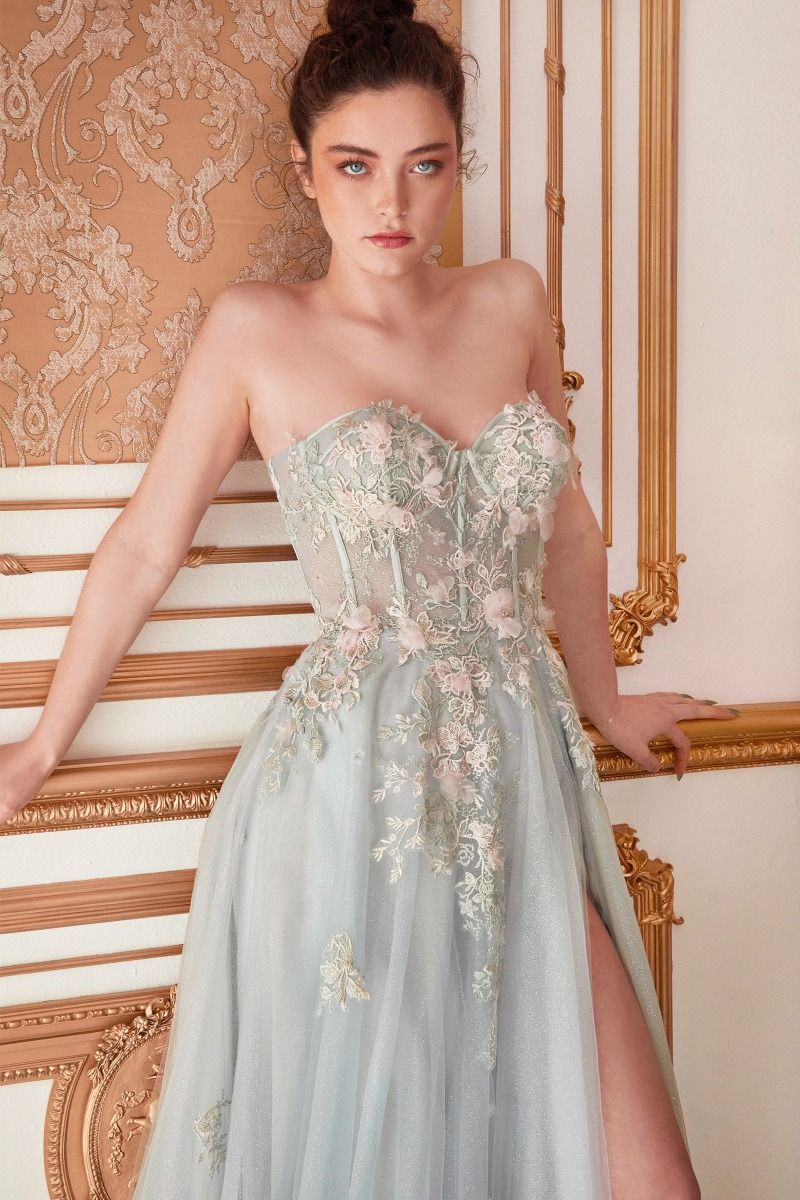Penelope Blossom Floral Strapless Sheer Corset Bodice A-line Long Prom & Bridesmaid Dress CDA1089