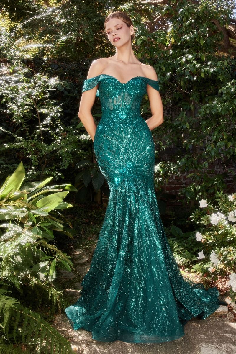 Off The Shoulder Sheer Sequin Strapless Bodice Mermaid Lace Fit Flare Long Evening & Gala Dress CDA1107