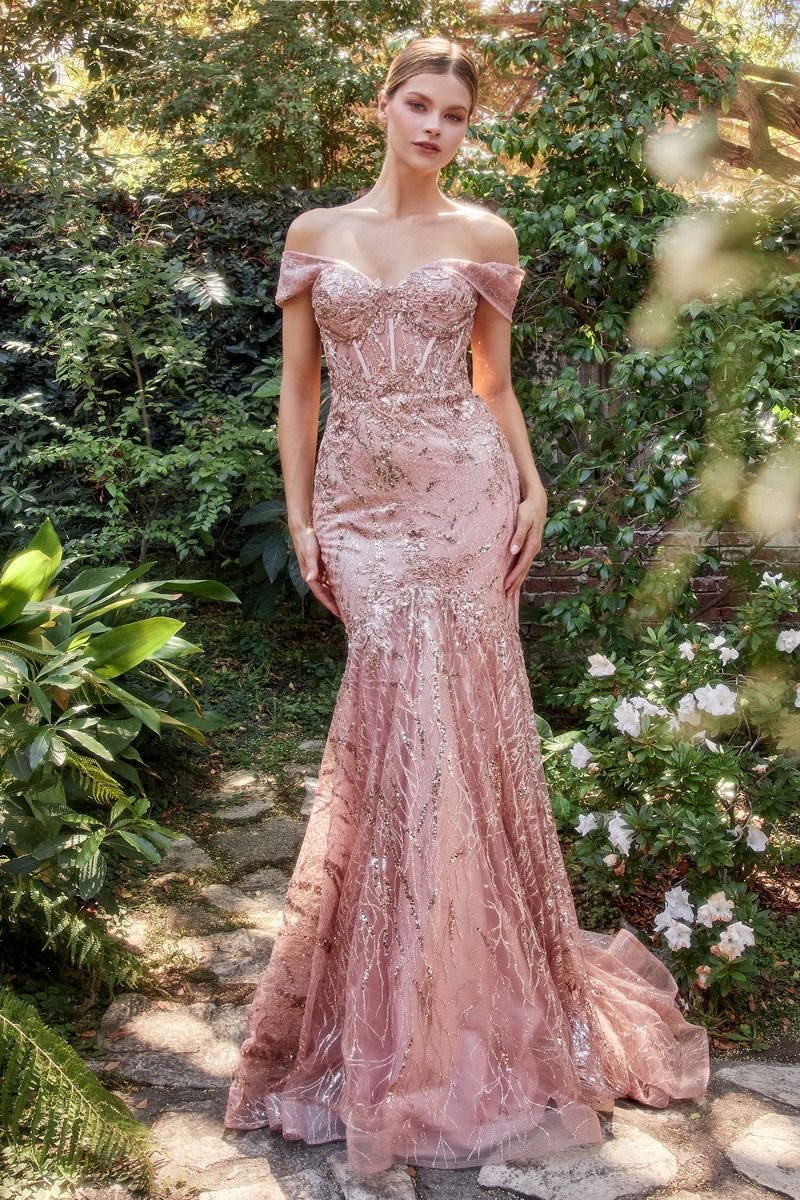 Off The Shoulder Sheer Sequin Strapless Bodice Mermaid Lace Fit Flare Long Evening & Gala Dress CDA1107