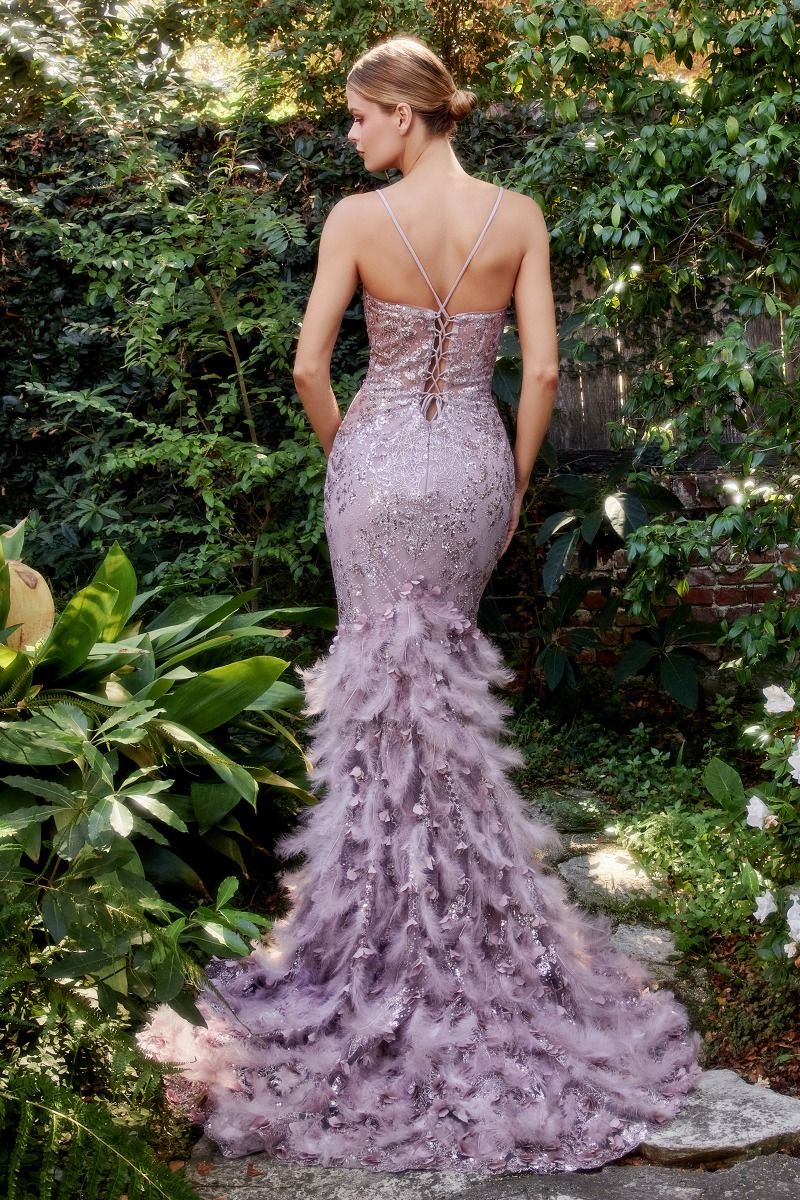 Feather Mermaid Deep V-neck Mid Open Back Laced Bodice Long Prom & Bridemaid Dress CDA1116