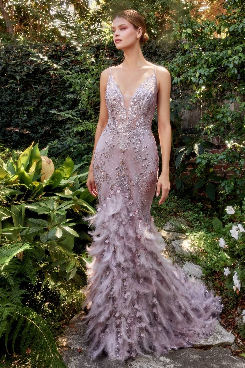 Feather Mermaid Deep V-neck Mid Open Back Laced Bodice Long Prom & Bridemaid Dress CDA1116