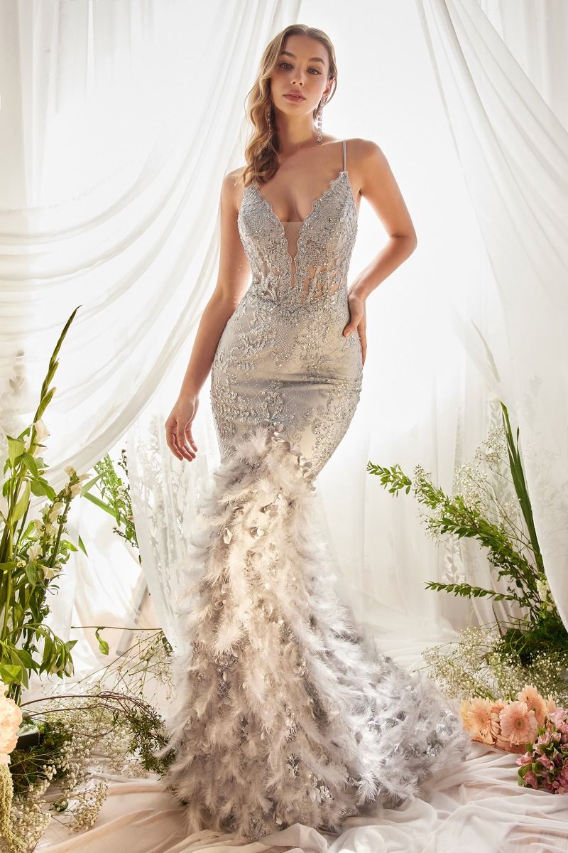 Feather Mermaid Deep V-neck Mid Open Back Laced Bodice Long Prom & Bridemaid Dress CDA1116