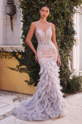 Feather Mermaid Deep V-neck Mid Open Back Laced Bodice Long Prom & Bridemaid Dress CDA1116