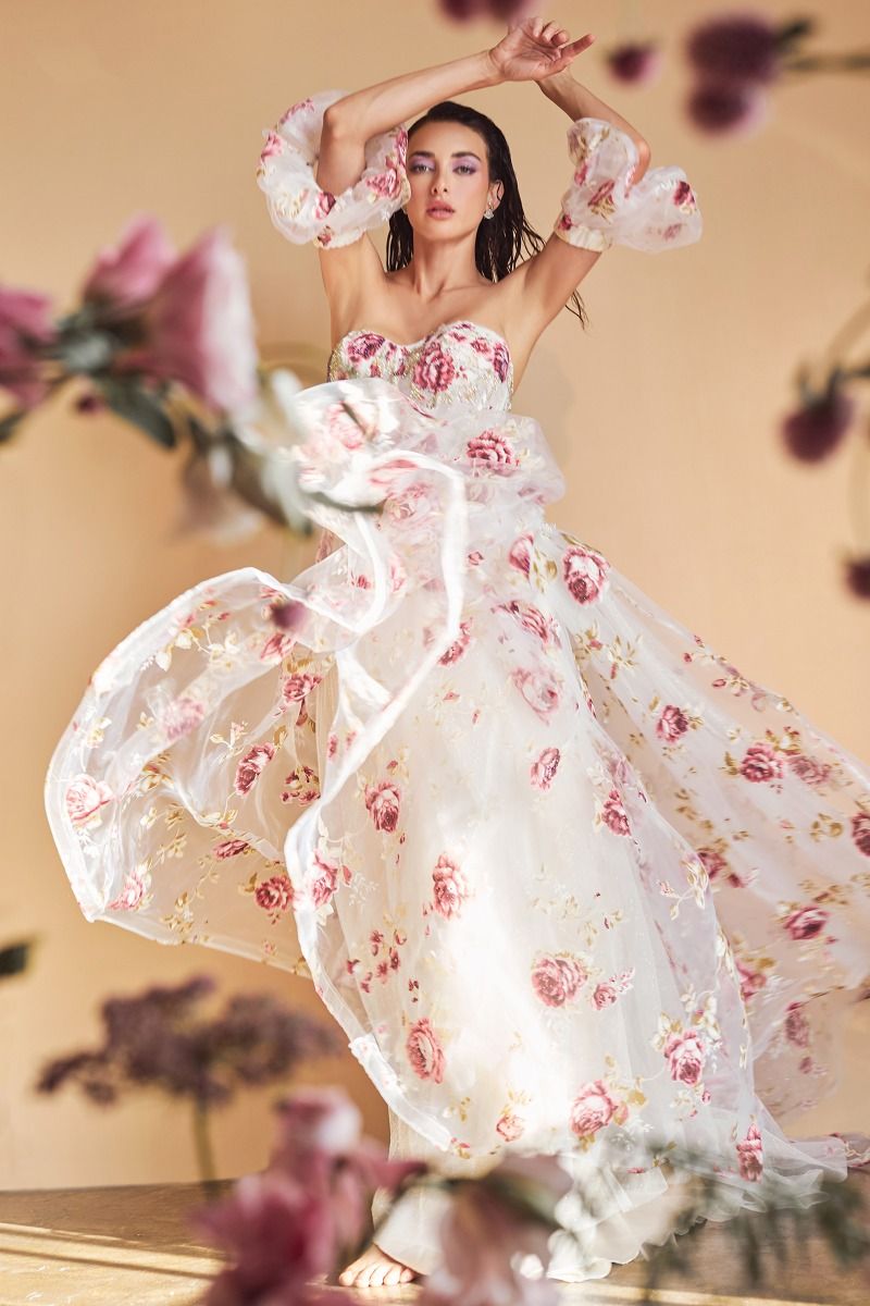 Strapless Organza Peony Print Removable Sleeves Long Prom Dress CDA1133