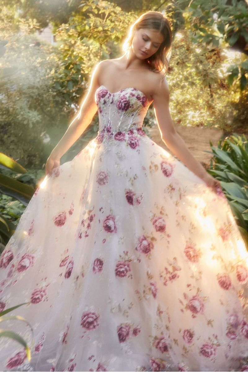 Strapless Organza Peony Print Removable Sleeves Long Prom Dress CDA1133