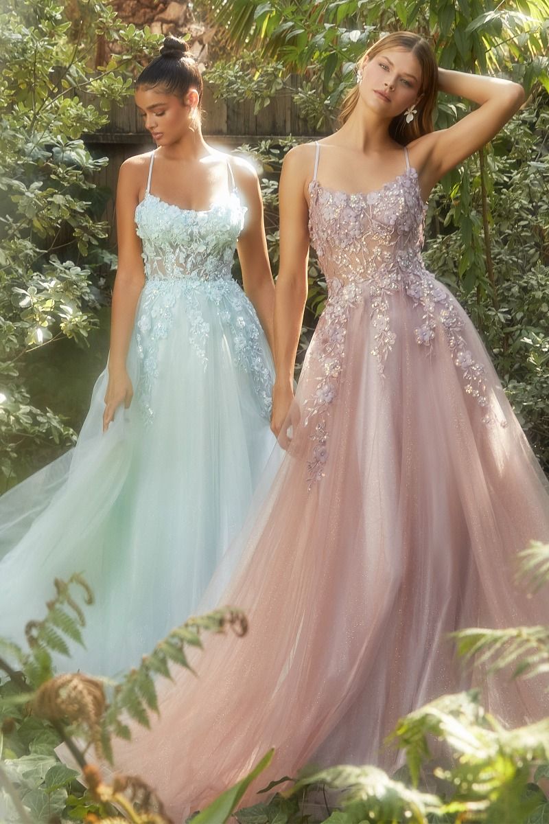 Floral Applique A-Line Scoop Neck Adjustable Open Back Bodice Long Boho & Prom Dress CDA1142