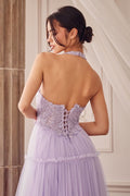 Garden Lace Gree Lavender Mid Open Laced Back Halter Tier Skirt Long Prom & Ball Dress CDA1206