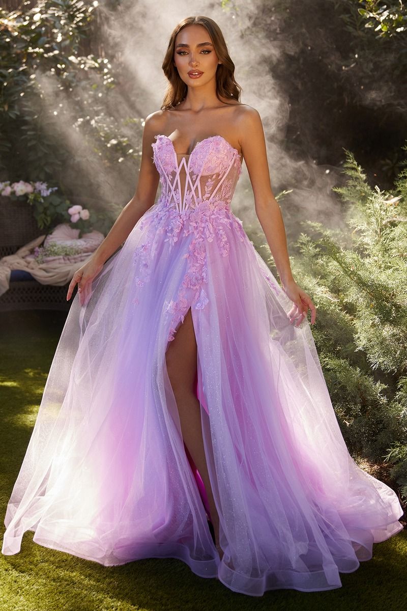 Lilac, Sky Blue, Olive Green | 3D Floral Off-Shoulder Corset Gown with High Slit & Tulle Skirt  CDA1237