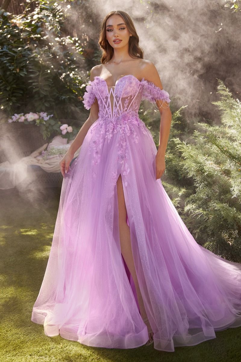 Lilac, Sky Blue, Olive Green | 3D Floral Off-Shoulder Corset Gown with High Slit & Tulle Skirt  CDA1237