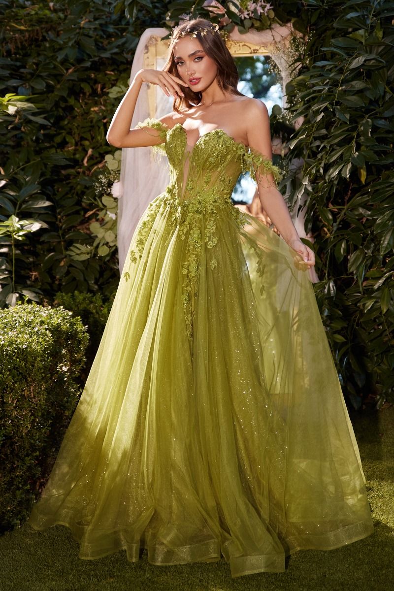 Lilac, Sky Blue, Olive Green | 3D Floral Off-Shoulder Corset Gown with High Slit & Tulle Skirt  CDA1237