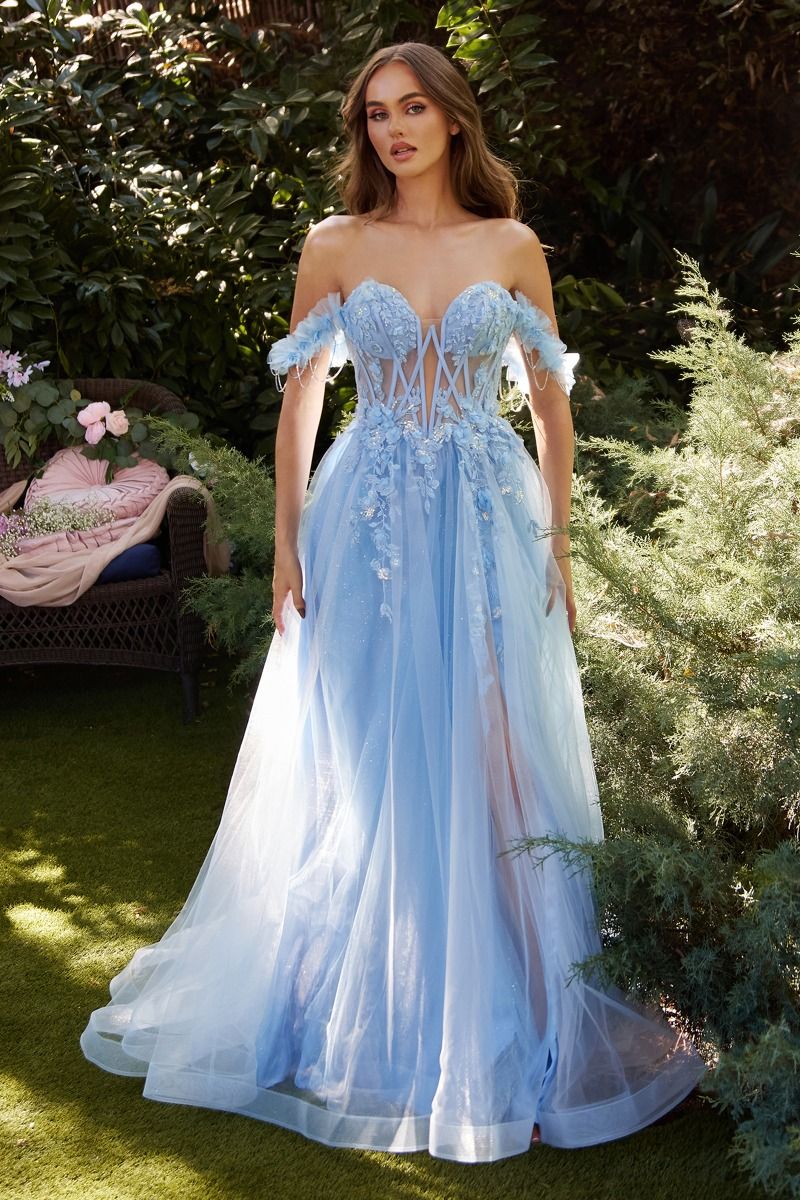 Lilac, Sky Blue, Olive Green | 3D Floral Off-Shoulder Corset Gown with High Slit & Tulle Skirt  CDA1237