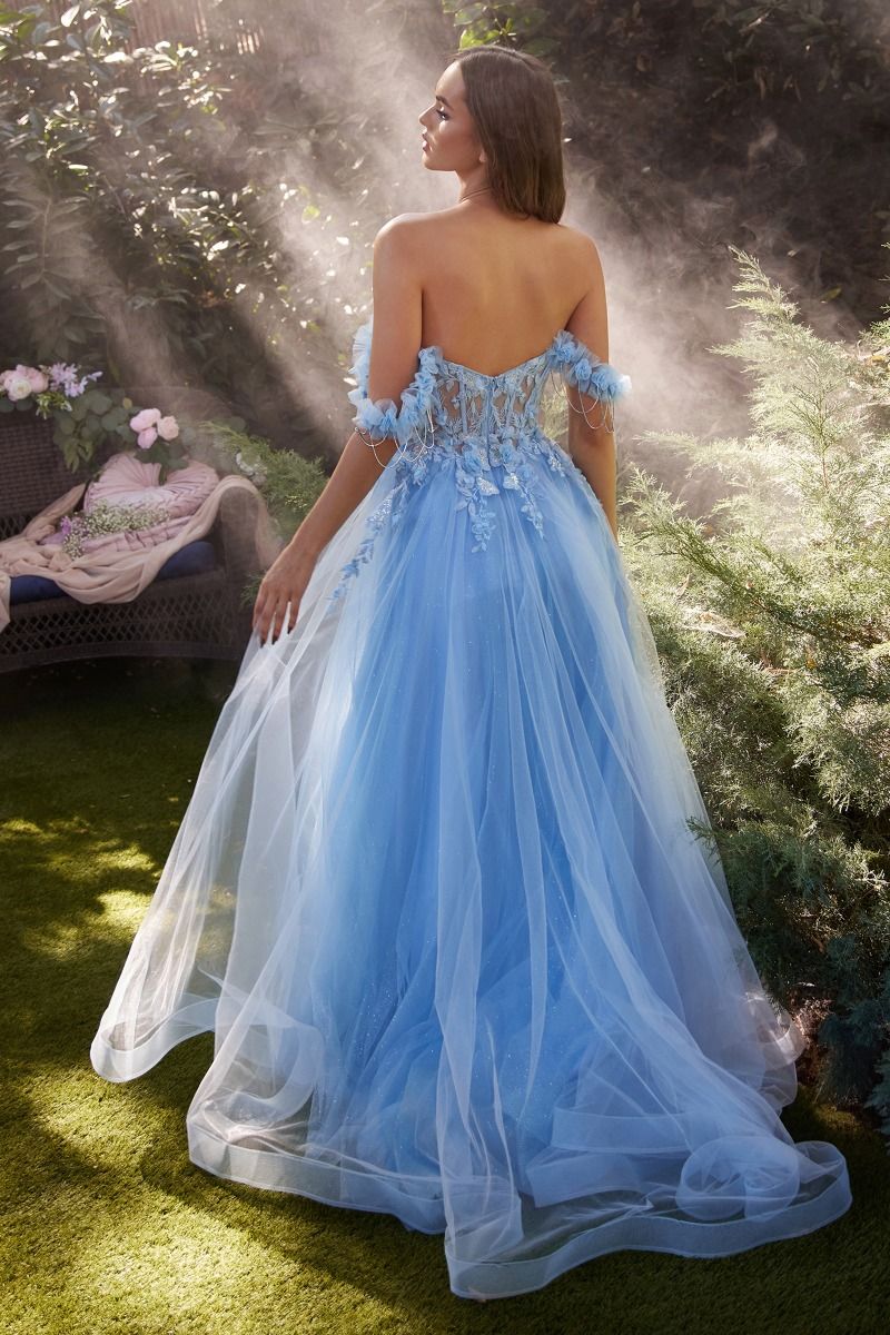 Lilac, Sky Blue, Olive Green | 3D Floral Off-Shoulder Corset Gown with High Slit & Tulle Skirt  CDA1237